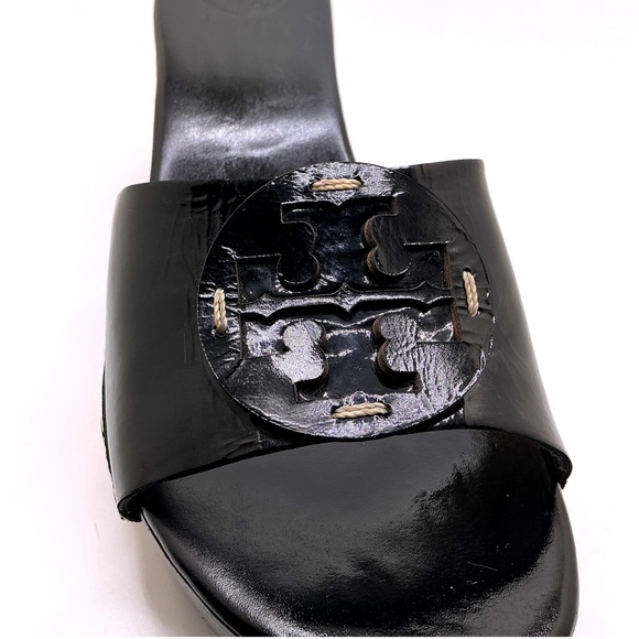 TORY BURCH Patent Leather Logo Wedge Platform Slide Sandal Black Size 10M - Picture 2 of 5
